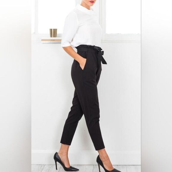 Elle M Black Belted Waist Elegant Tapered Leg Plaited Women’s Dress Pants - Picture 4 of 12